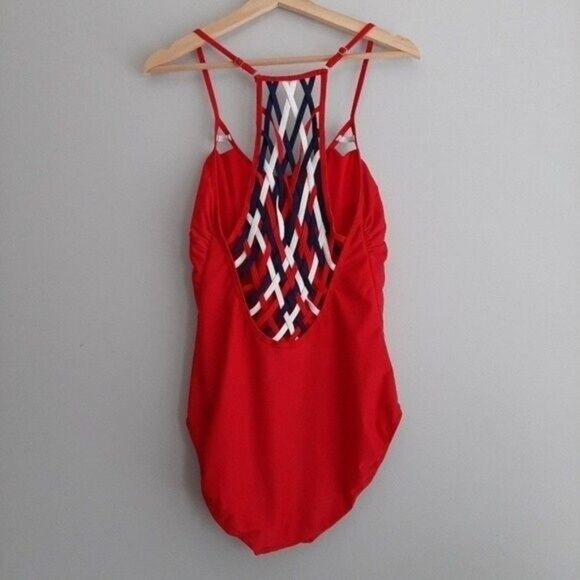 YMI One Piece Swimsuit Lattice Woven Back Red Sz L - Picture 5 of 10